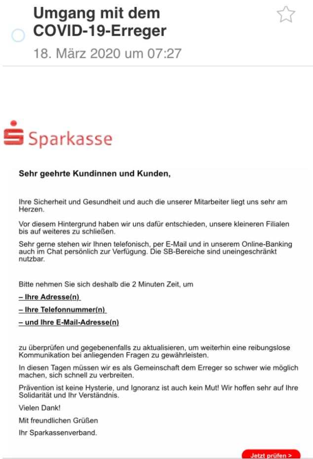 Diese Abbildung zeigt eine gefälsche Phishing E-Mail mit dem Bezug zu Corona Quelle: Verbraucherzentrale NRW