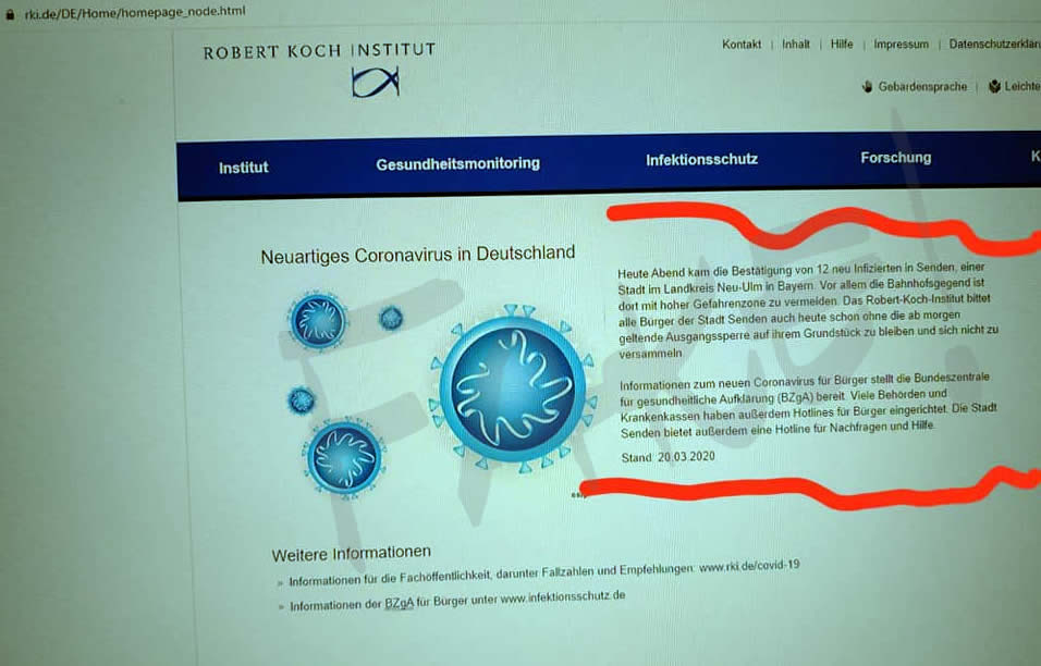 Screenshot der gefälschten Webseite des Robert Koch Instituts