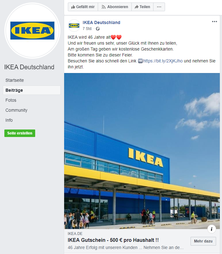 Screenshot der Fake Ikea Deutschland Seite auf Facebook