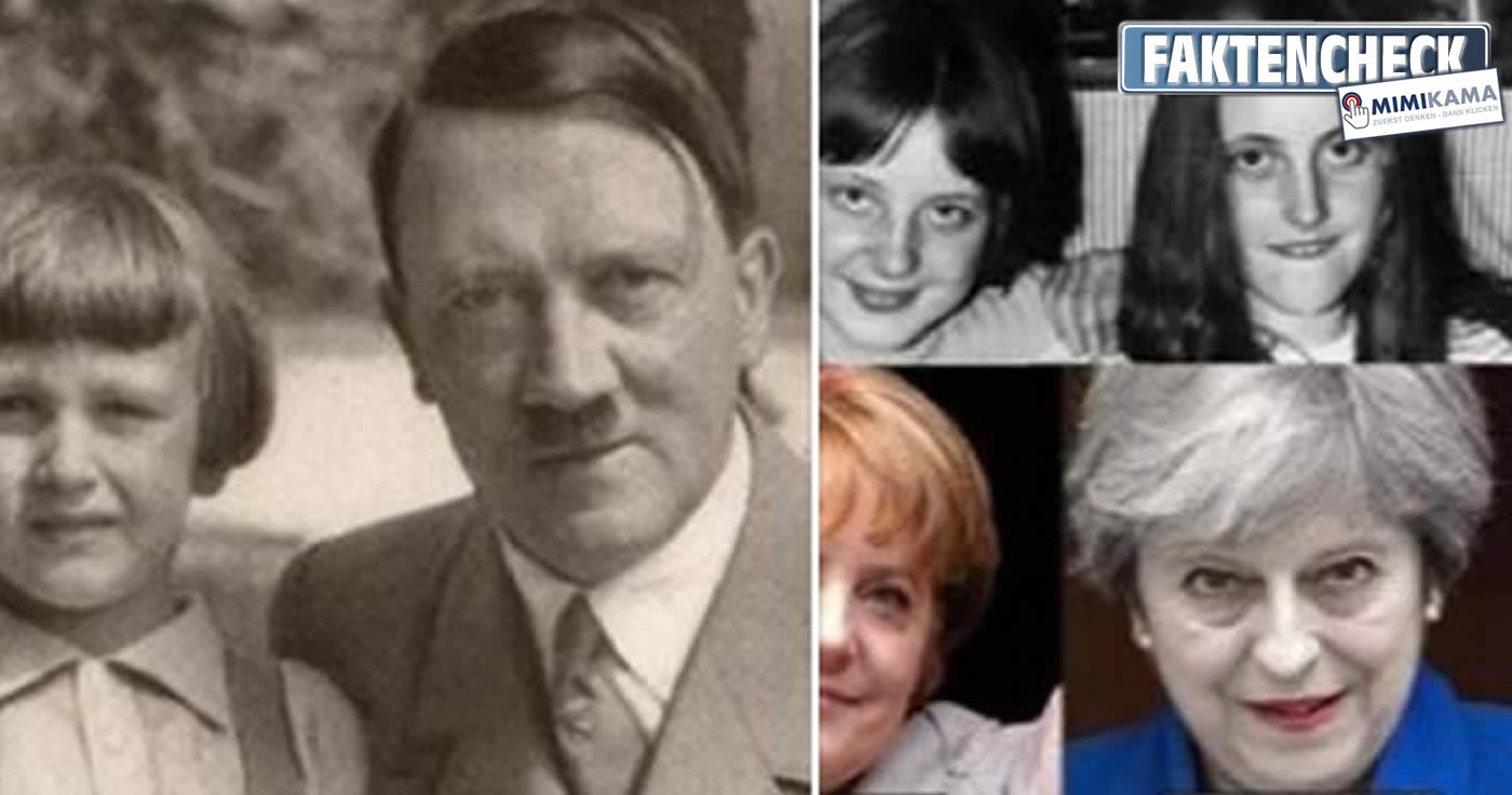 Eine Collage an Fotos soll eine These aus dem Jahr 2007 stützen, Adolf Hitler sei der Vater von Angela Merkel. Die Rechnung geht jedoch nicht auf. 