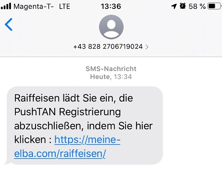 Screenshot Phishing-SMS Raiffeisen Elba ©Watchlist Internet