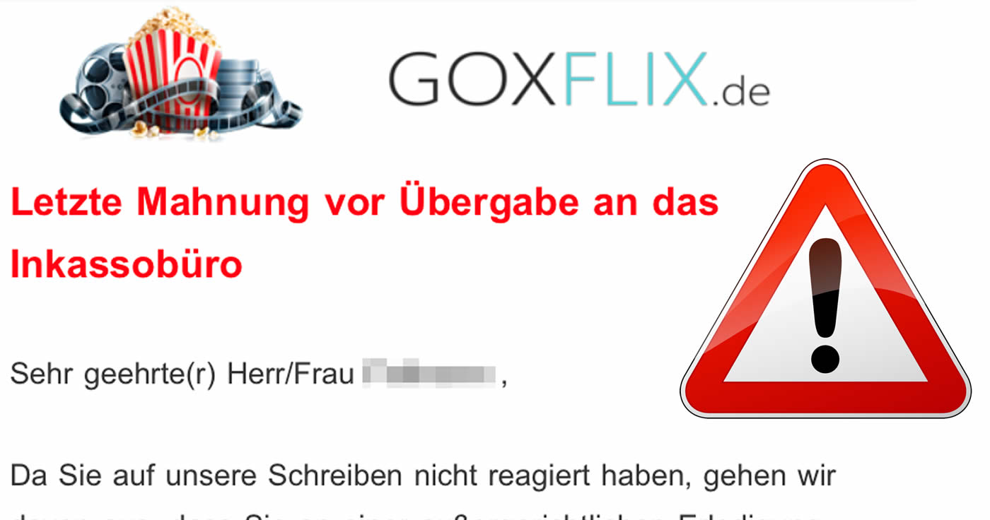 Mahnung von goxflix. de - Vorsicht vor dubiosen Streamingdiensten