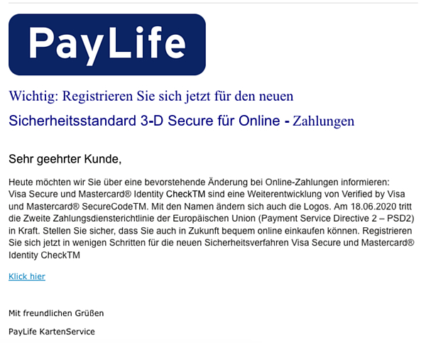 Screenshot: Eine der betrügerischen E-Mails von "PayLife".
