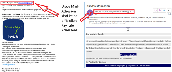 Screenshots von zwei verschiedenen Phishing-Mails: Achten Sie bei Phishing-Mails genau auf den Absender!