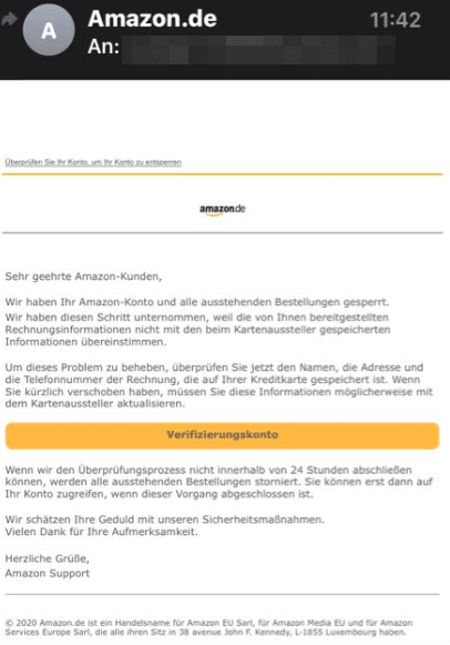 Screenshot einer falsche E-Mail von Amazon