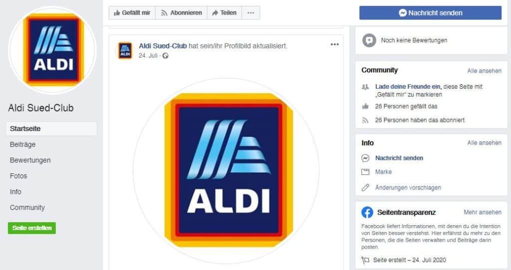 Screenshot der gefälschten ALDI-Facebookseite