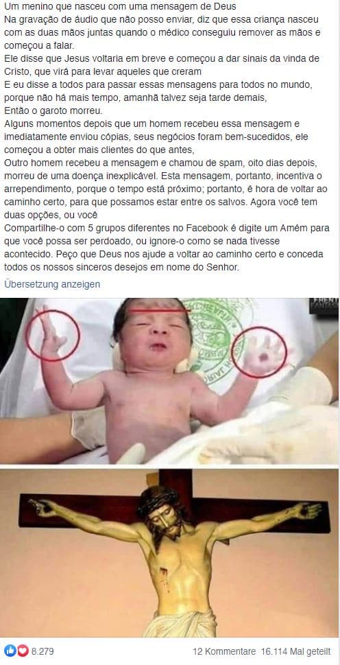 Screenshot Facebook - Baby mit Stigmata