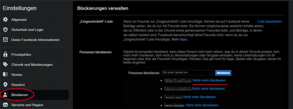 Screenshot Facebook Blockierungen verwalten