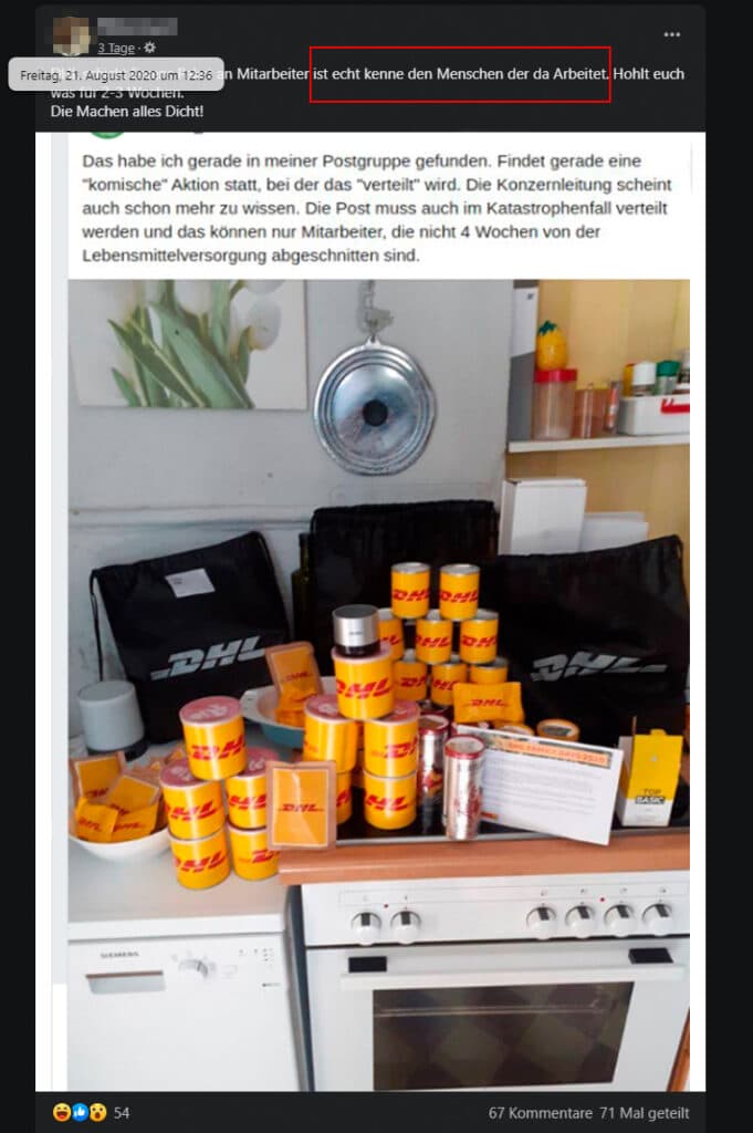 Screenshot Facebook: Angebliche Notration für DHL Mitarbeiter