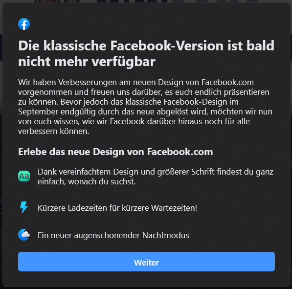 Screenshot Facebook: Ankündigung neues Design ab September