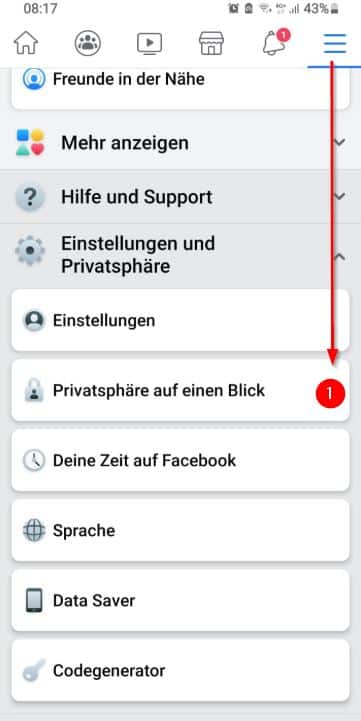 Öffne die Facebook-App und tippe auf die drei Balken, um das Einstellungsmenü zu öffnen und wähle den Abschnitt "Privatsphäre auf einen Blick".
