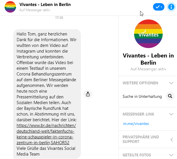 Screenshot Facebook: Antwort von Vivantes