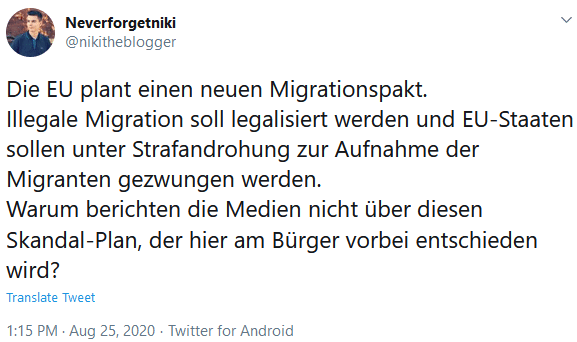 Die Behauptung über den EU-Migrationspakt, Quelle: Twitter