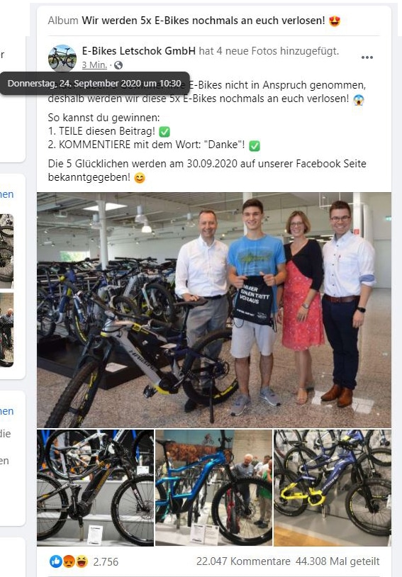 Screenshot Facebook "E-Bikes Letschok GmbH"