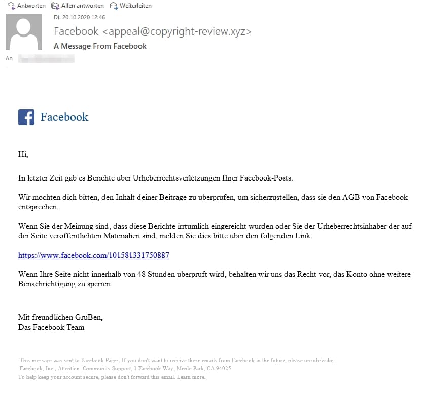 Screenshot der E-Mail. Achtung! Diese stammte nicht von Facebook, sondern von Betrügern.