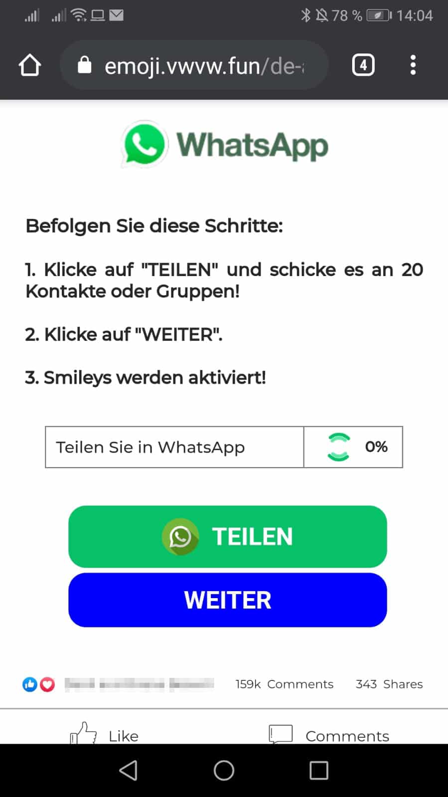 Screenshot Aufforderung "Bewegliche Emojis für WhatsApp" teilen
