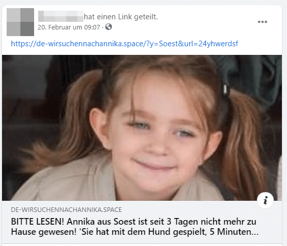 Screenshot: Facebook: "BITTE LESEN! Annika aus Soest ist seit 3 Tagen nicht mehr zu Hause gewesen! 'Sie hat mit dem Hund gespielt, 5 Minuten später ist sie weg...' - Annikas Mutter"