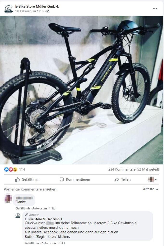 Vermeintliches E-Bike Gewinnspiel auf Facebook