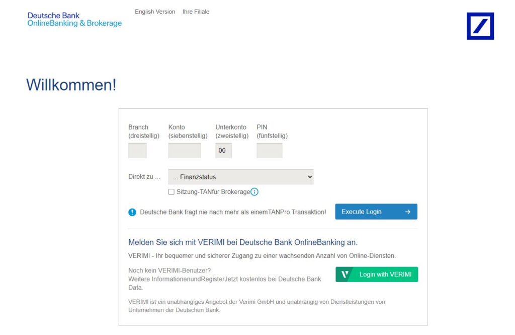 Screenshot Eingabemaske Deutsche Bank