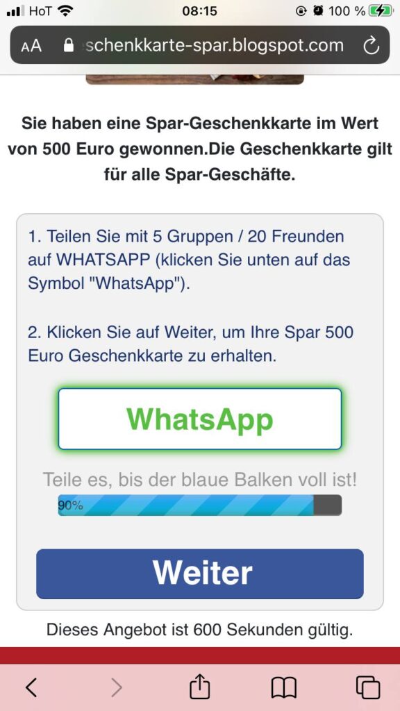 Screenshot: Um den Gewinn zu erhalten, muss man den Link dazu an 5 Gruppen oder 20 Kontakte über WhatsApp teilen