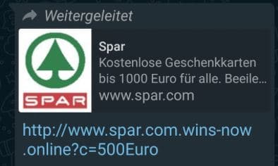 Screenshot WhatsApp Nachricht zu angeblichem Gewinnspiel von Spar