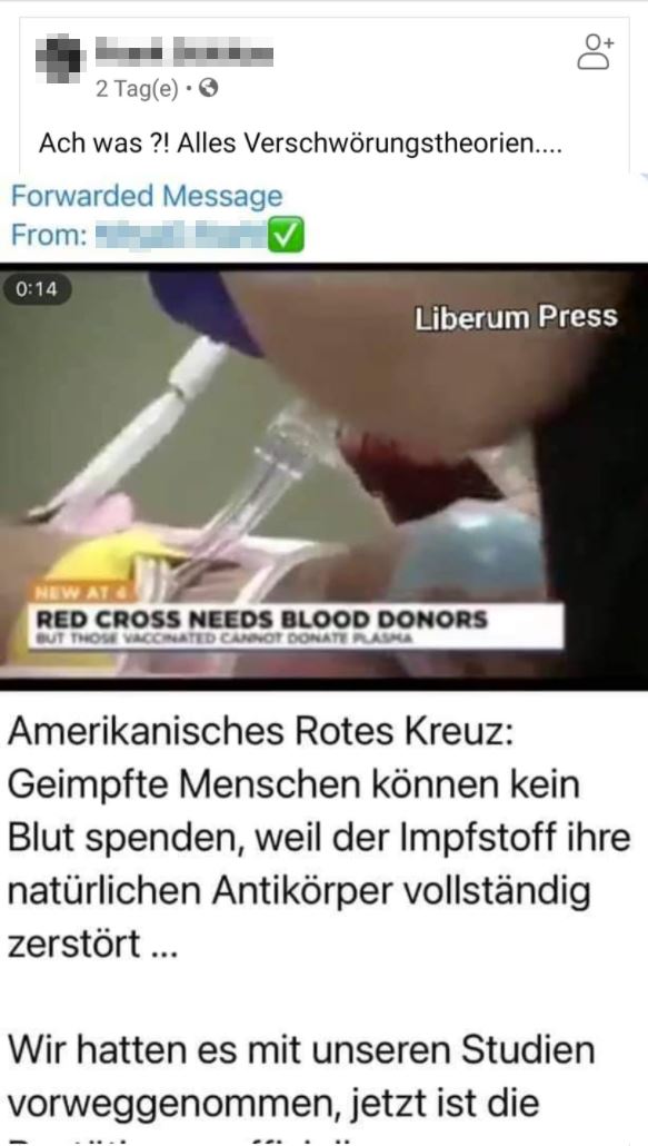 Screenshot Facebook Beitrag Rotes Kreuz USA / Blut spenden