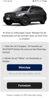 Screenshot Fake-Gewinnspiel im Namen von Volkswagen