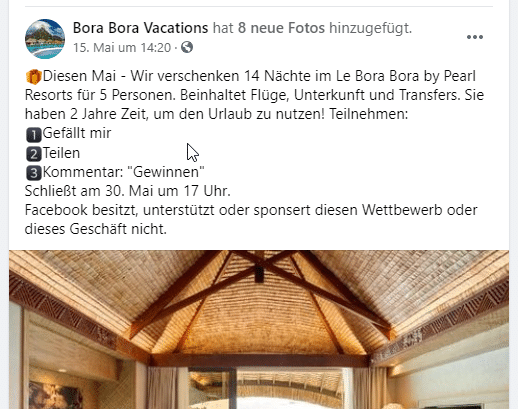 Gewinnspiel Bora Bora Vacations ist ein Fake!