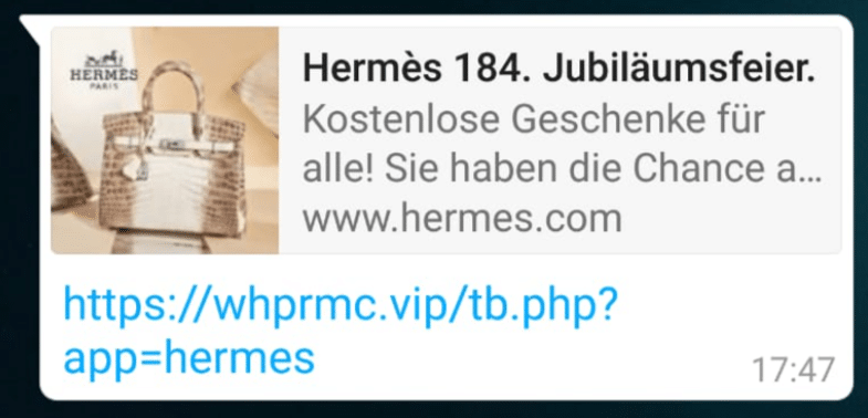 WhatsApp: Screenshot des falschen Gewinnspieles von Hermes