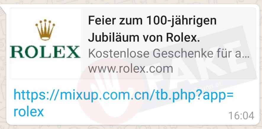 WhatsApp: Screenshot des falschen Gewinnspieles von ROLEX