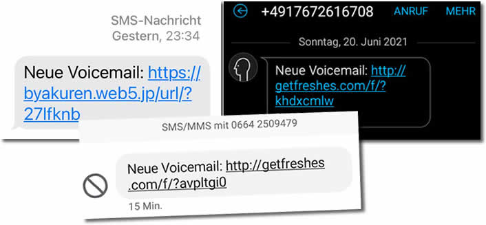 Screenshot der betrügerischen SMS mit "Neue Voicemail"