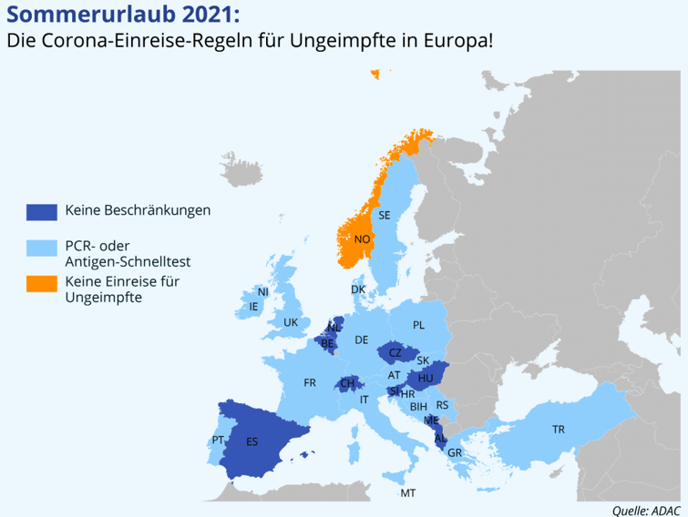 Bild: Die Corona-Einreise-Regelung für Ungeimpfte in Europa.