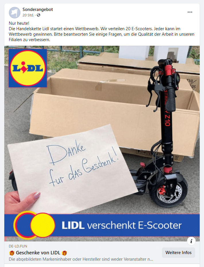 Auf dem Bild: E-Scooter, Zettel mit Dankesworten, Lidl-Logo