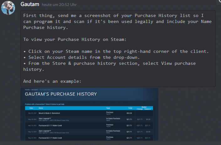 Der falsche Steam-Admin will meine Kaufhistorie sehen