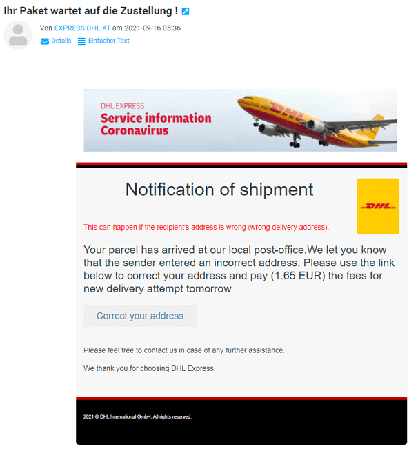 Die gefälschte DHL-Mail