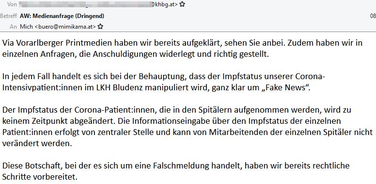Screenshot: Auszug der Antwort der Leitung Unternehmenskommunikation der Vorarlberger Krankenhaus-Betriebsges.m.b.H.