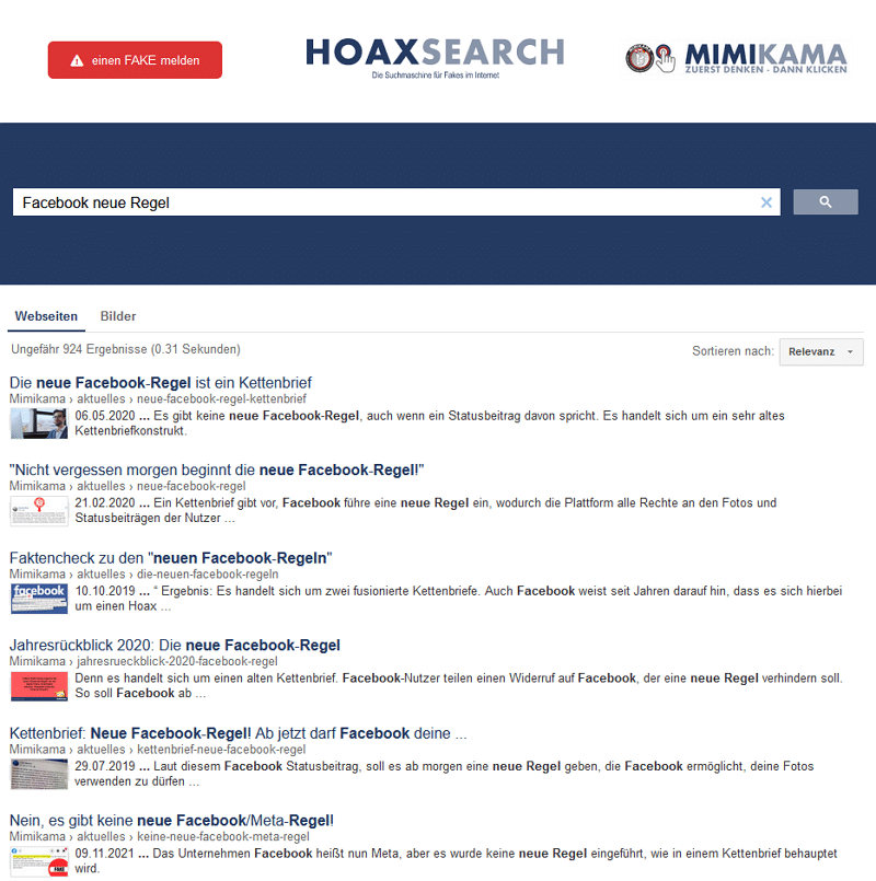 Eine Suche auf Hoaxsearch