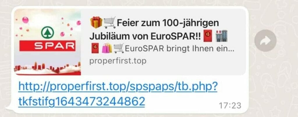 Screenshot der WhatsAppnachricht, die jedoch nicht von Eurospar stammte.