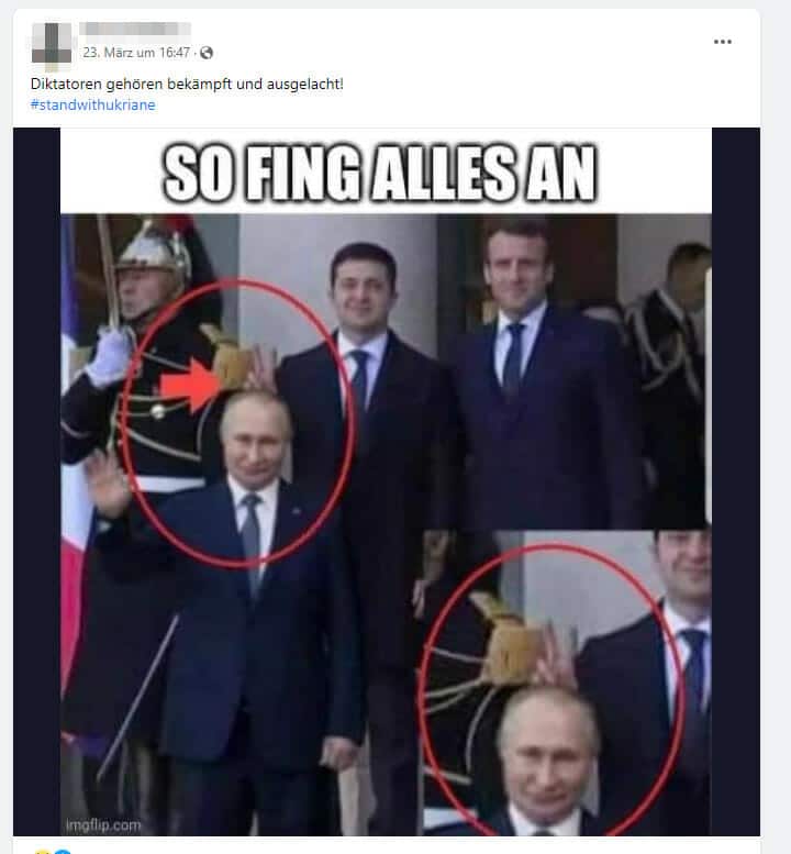 Bei dem Bild handelt es sich um eine Fälschung. Selenskyj, der neben Macron steht, macht sich mit "Hasenohren" nicht über Putin lustig.