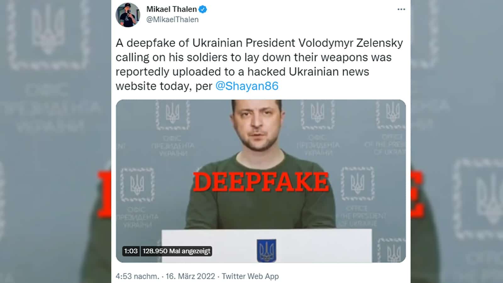 Video von Selenskyj zur Kapitulation war Deepfake / Screenshot Twitter/@MikaelThalen