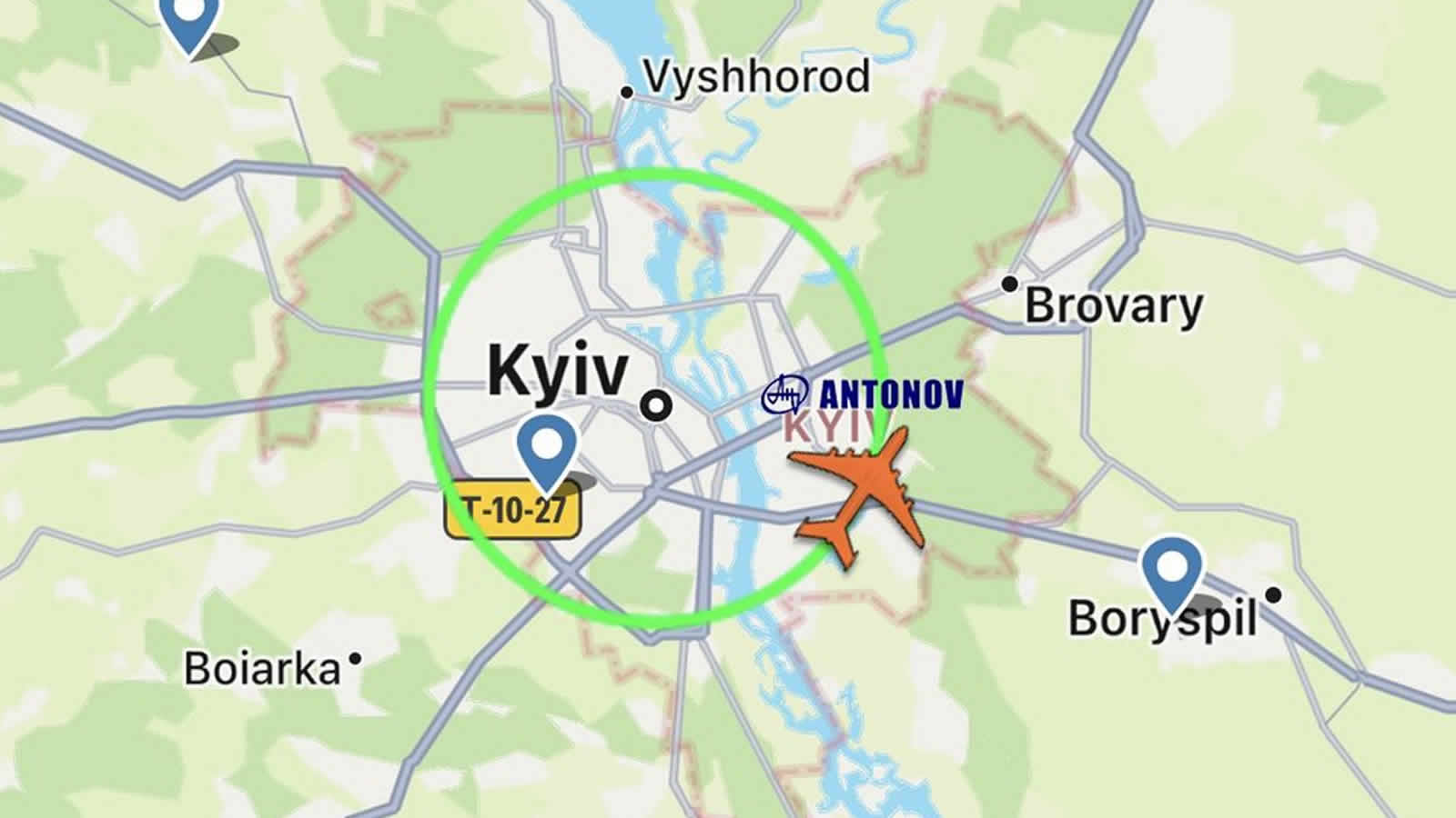 Mit dem Rusfignall FCKPutin kreiste die zerstörte Antonov AN -225 über Kiew.