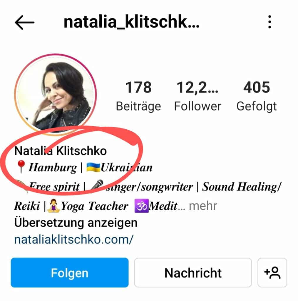 Instagram-Bio von Natalia Klitschko. Ausschnitt mit Markierung bei Standort Hambug