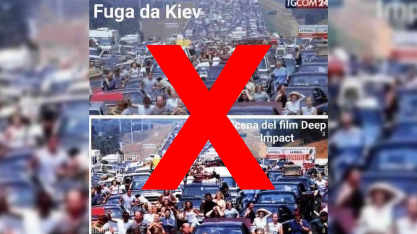 Auf einem Sharepic wird behauptet, dass ein italienischer TV-Sender über Flüchtende in Kiew berichtete, dabei aber Bilder aus dem Film „Deep Impact“ zeigte.