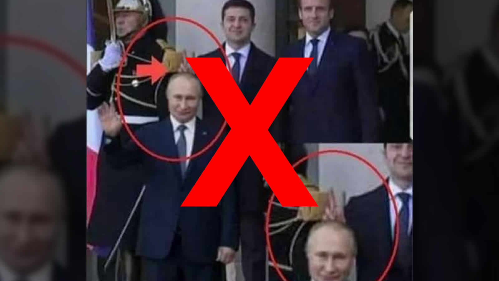 Screenshot: Facebook. Es handelt sich dabei um eine Fälschung. Selenskyj, der neben Macron steht, macht sich mit "Hasenohren" nicht über Putin lustig.
