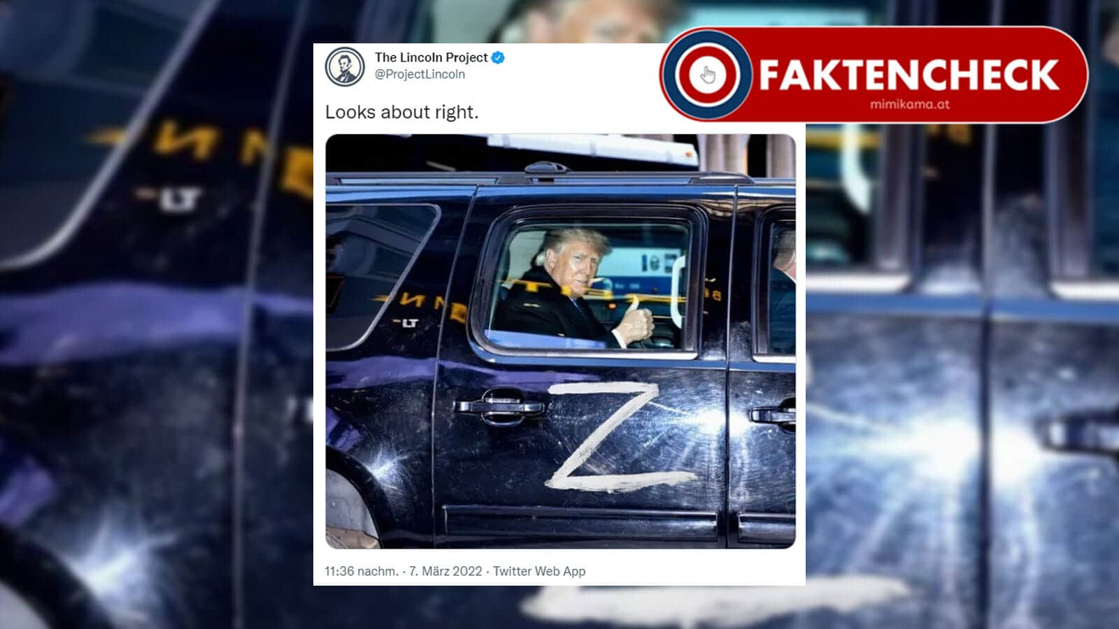 Manipuliertes Foto zeigt Donald Trump in einem mit "Z" markierten Auto / Bild: Screenshot Twitter/@ProjectLincoln