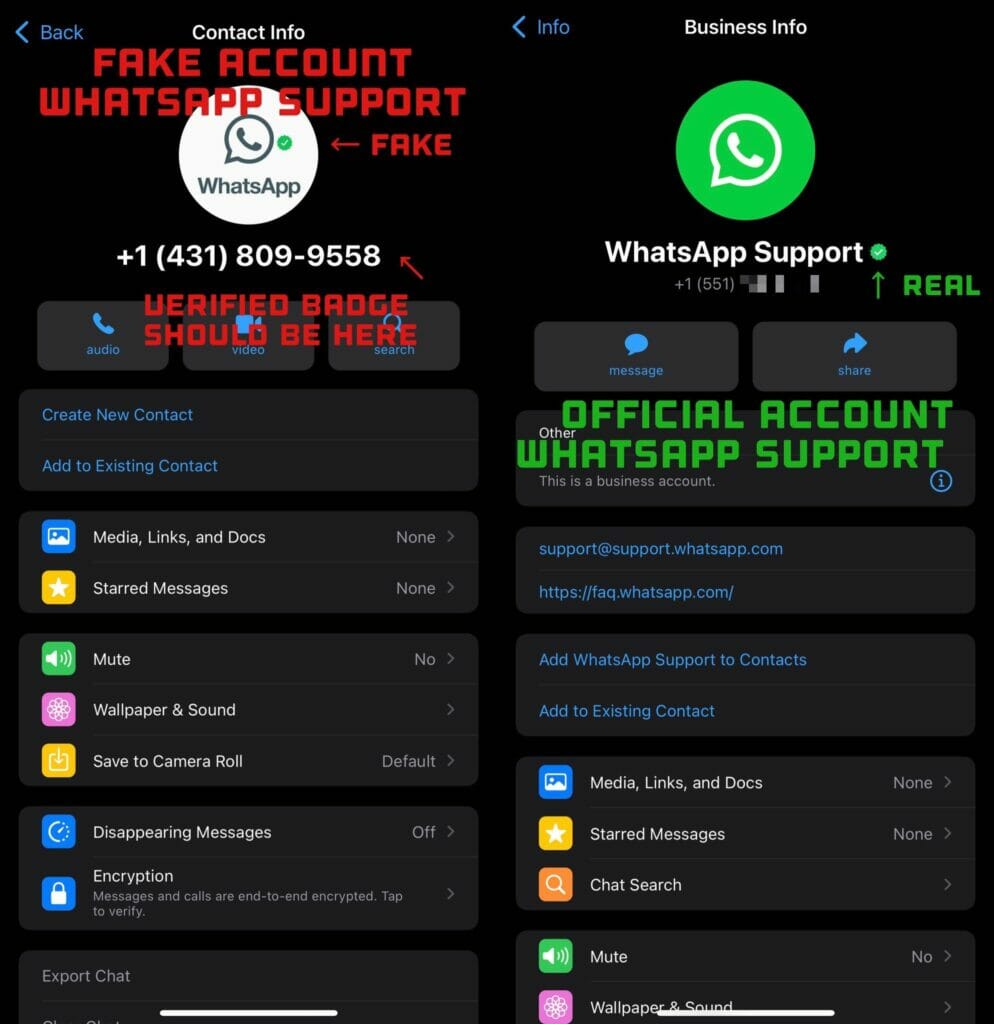 Vergleich eines gefälschten mit dem offiziellen WhatsApp-Support Account. Quelle: WA Beta Info