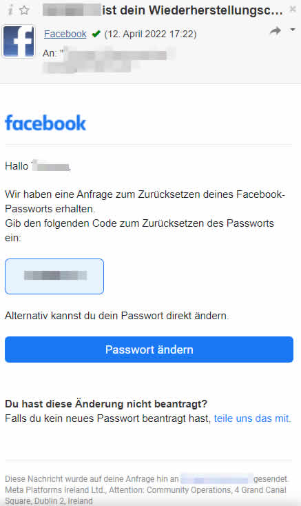 Screenshot der E-Mail zum Zurücksetzen deines Facebook-Passwortes