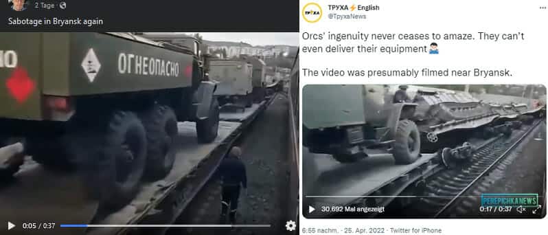 Das verbreitete Video des entgleisten Zuges in Bryansk