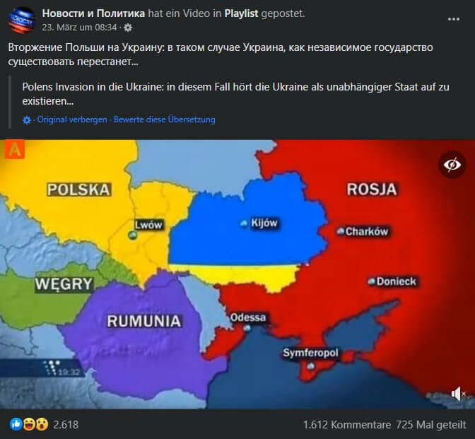 Facebook Screenshot / angebliche Aufteilung der Ukraine
