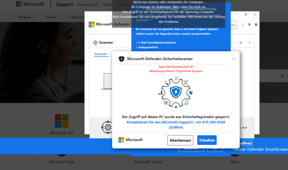 Screenshot: Watchlist-Internet / Das Pop-Up forder auf bei Microsoft anzurufen - es handelt sich aber um Scam!
